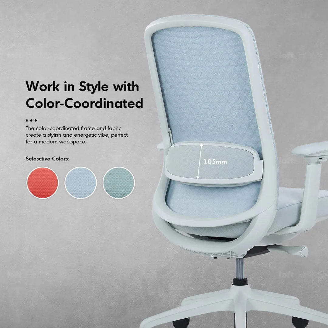 Modern mesh ergonomic office chair ares high in close up details.