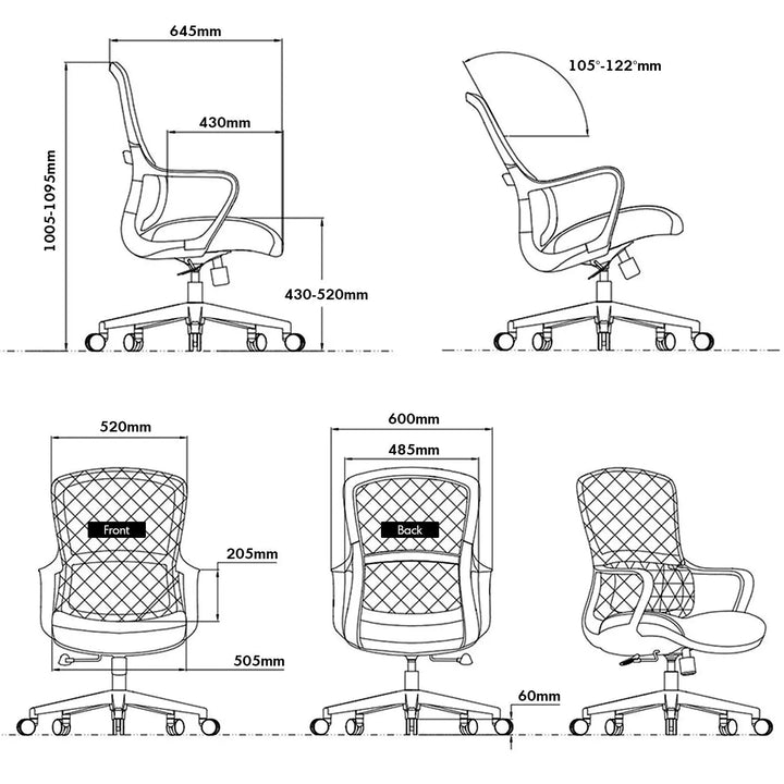 Modern mesh ergonomic office chair curve size charts.