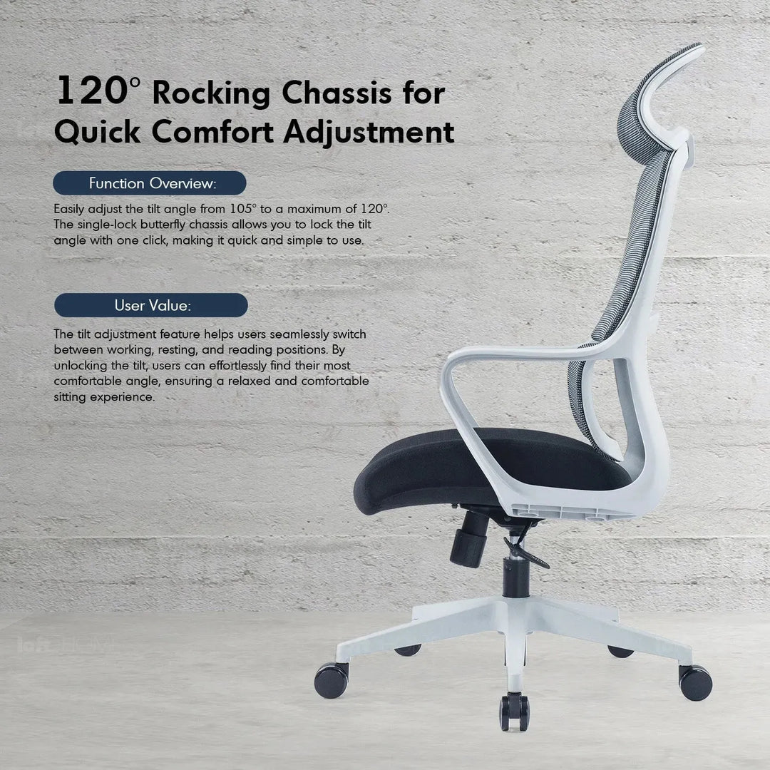 Modern mesh ergonomic office chair with headrest curve detail 1.