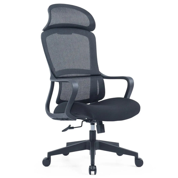 Modern mesh ergonomic office chair with headrest curve in white background.