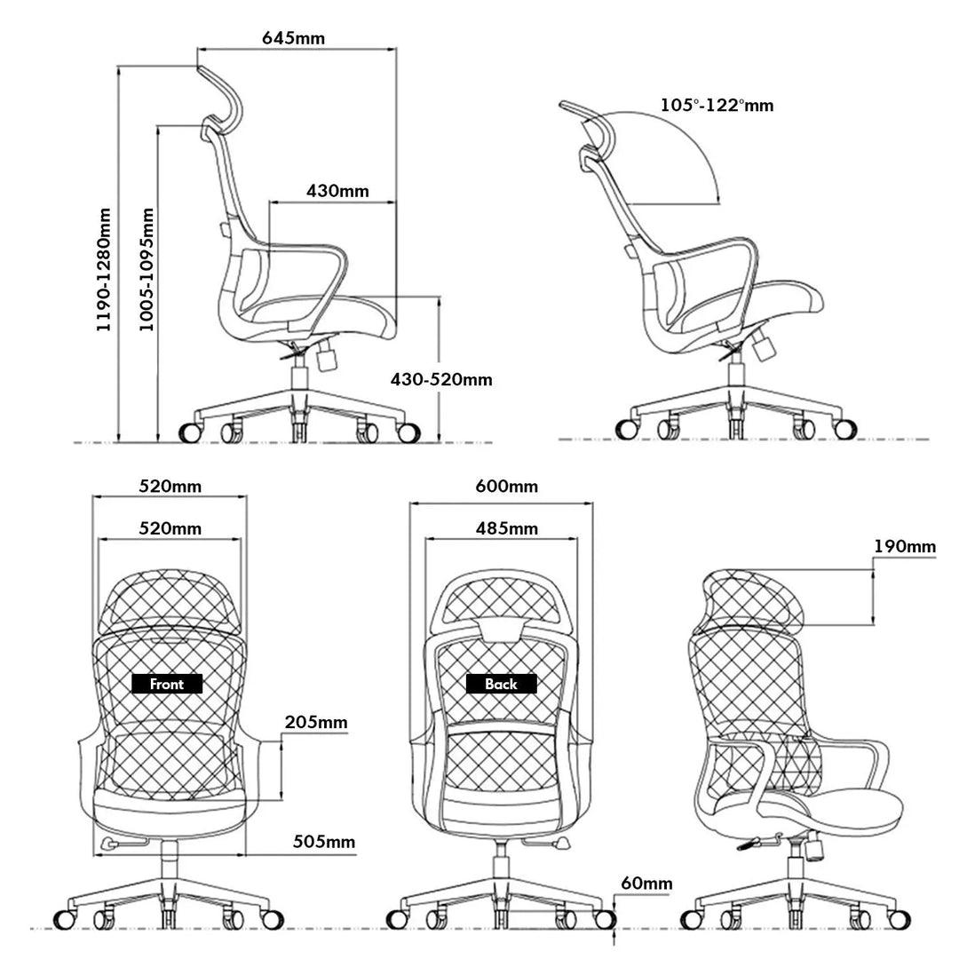 Modern mesh ergonomic office chair with headrest curve size charts.