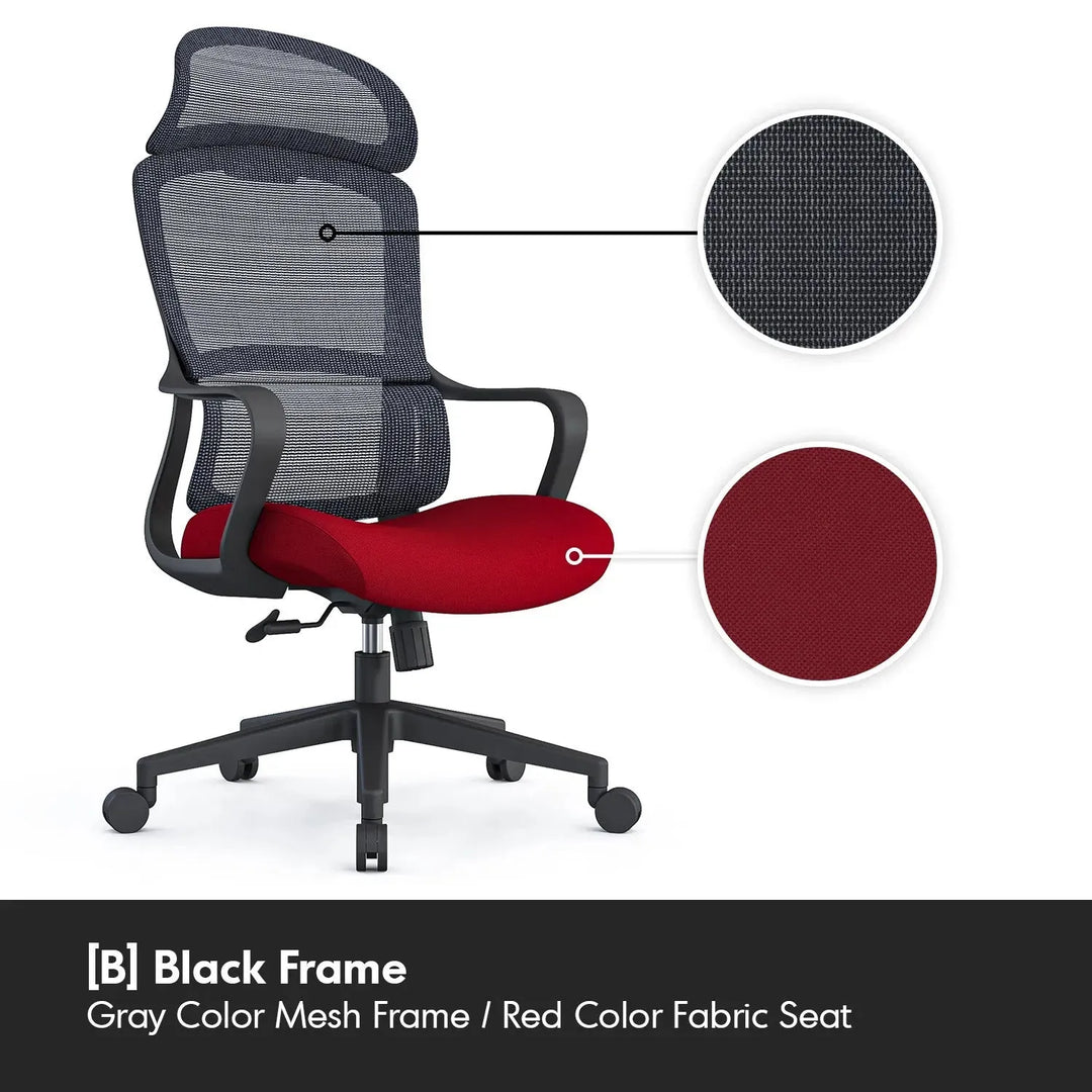 Modern mesh ergonomic office chair with headrest curve with context.