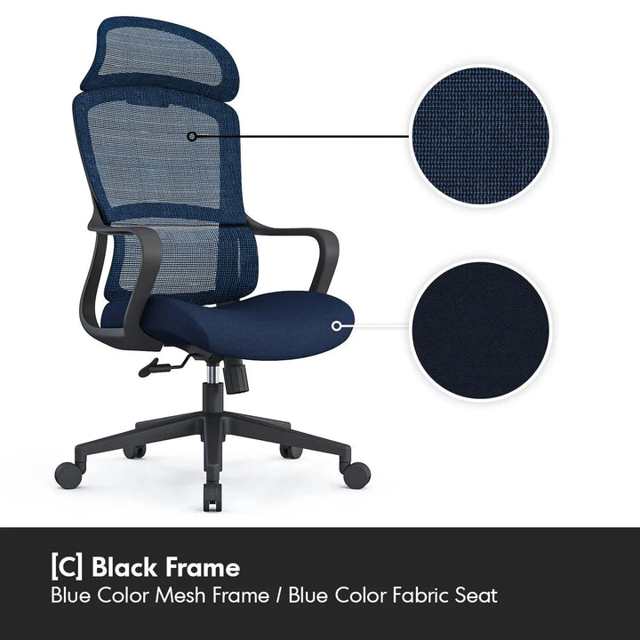 Modern mesh ergonomic office chair with headrest curve in details.