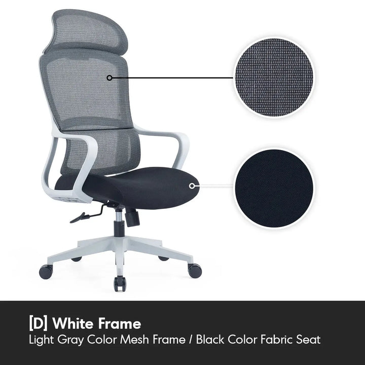 Modern mesh ergonomic office chair with headrest curve in close up details.