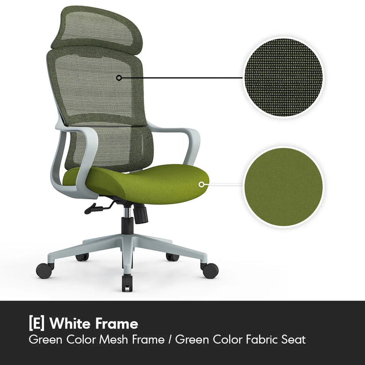 Modern mesh ergonomic office chair with headrest curve in panoramic view.