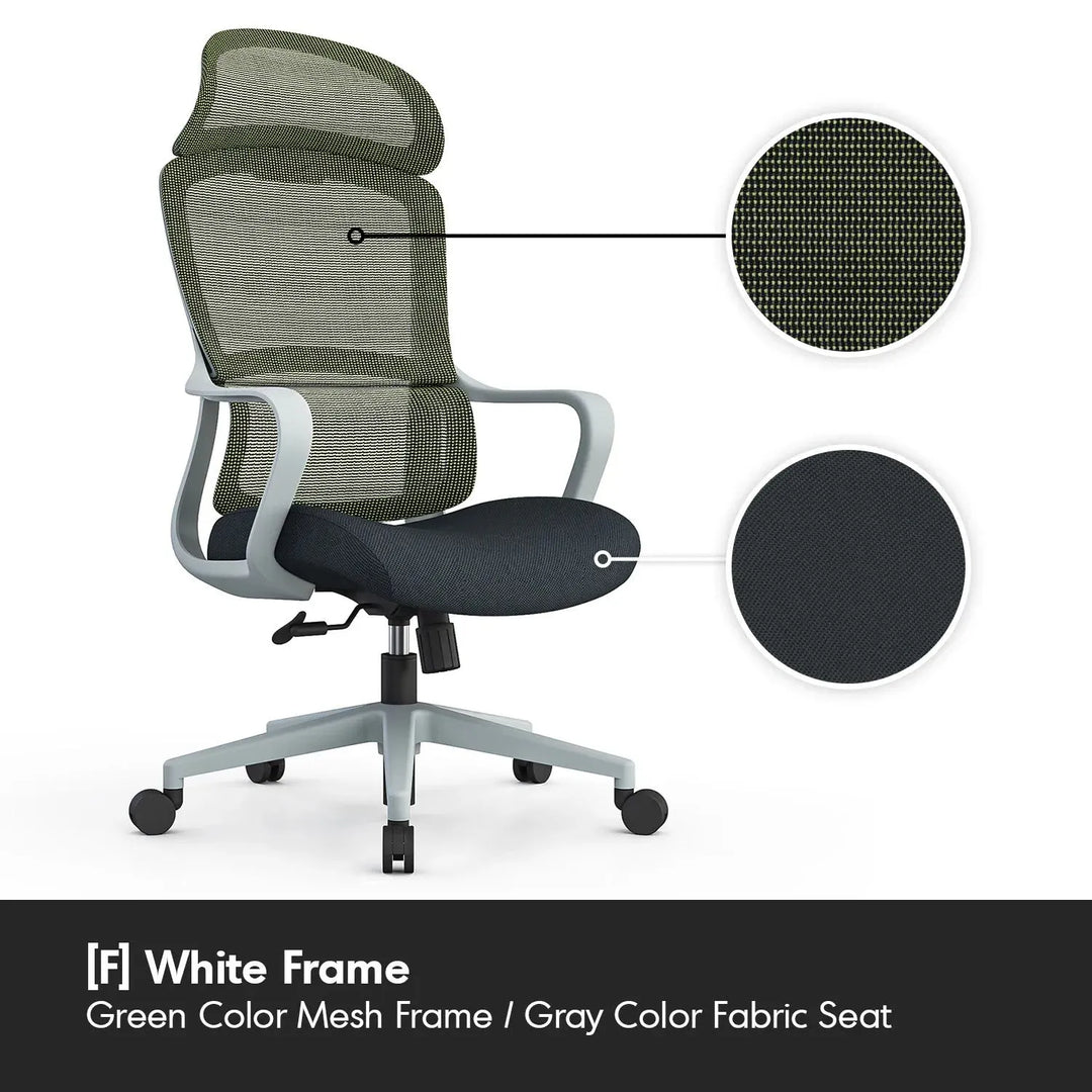 Modern mesh ergonomic office chair with headrest curve in still life.