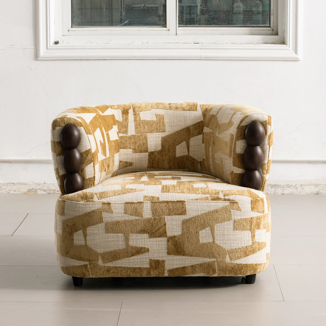 Modern mixed weave fabric 1 seater sofa puff with context.