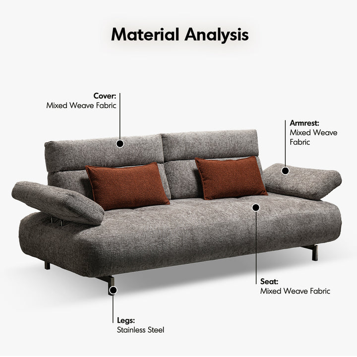 Modern mixed weave fabric 3 seater sofa flip in details.