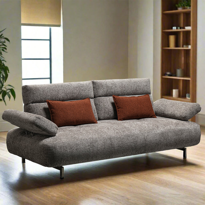 Modern mixed weave fabric 3 seater sofa flip in close up details.