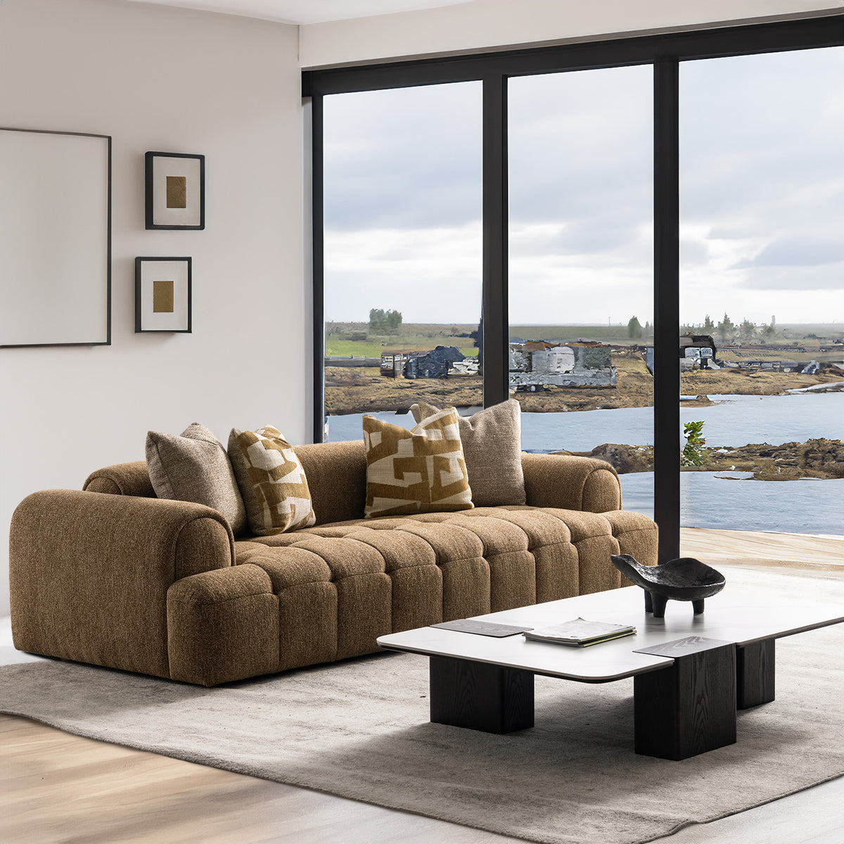 Modern mixed weave fabric 3 seater sofa puff primary product view.