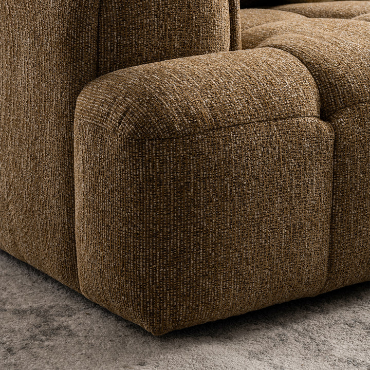 Modern mixed weave fabric 3 seater sofa puff in real life style.