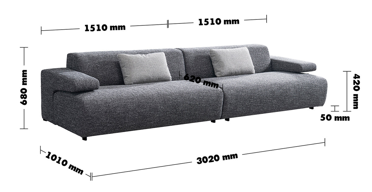 Gray sofa with dimensions labeled on a white background