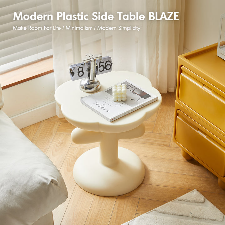 Contemporary plastic side table blaze material variants.