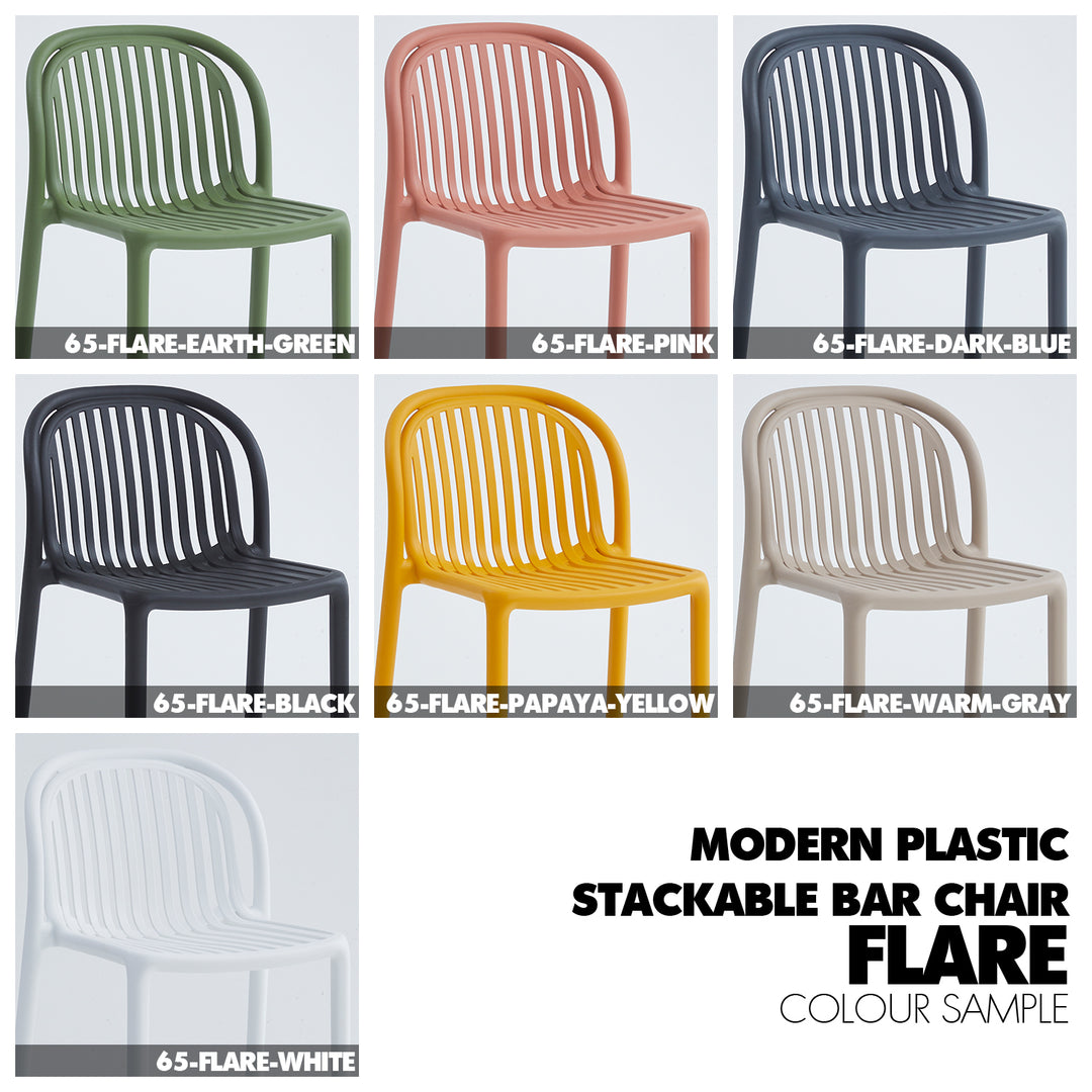 Contemporary plastic stackable bar chair flare color swatches.