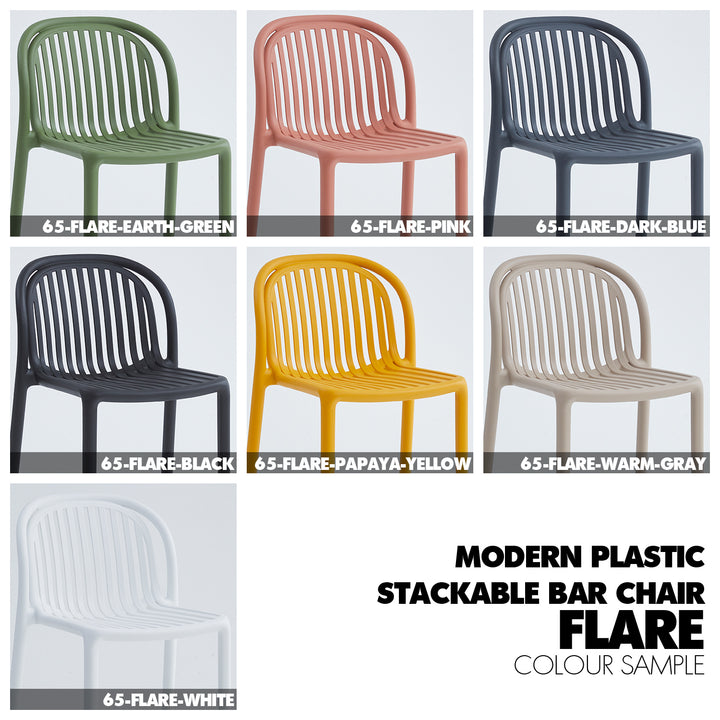 Contemporary plastic stackable bar chair flare color swatches.