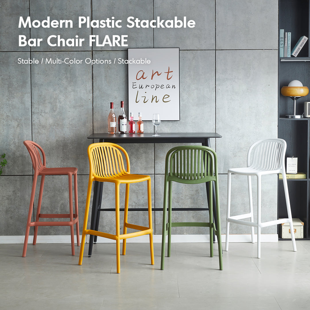 Contemporary plastic stackable bar chair flare material variants.