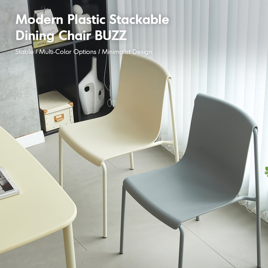 Contemporary plastic stackable dining chair buzz material variants.