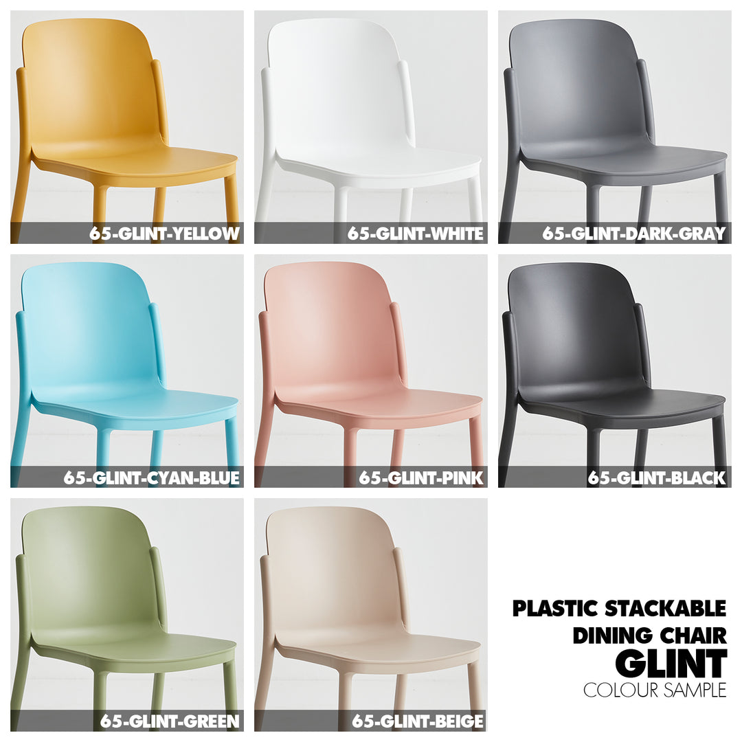 Contemporary plastic stackable dining chair glint color swatches.