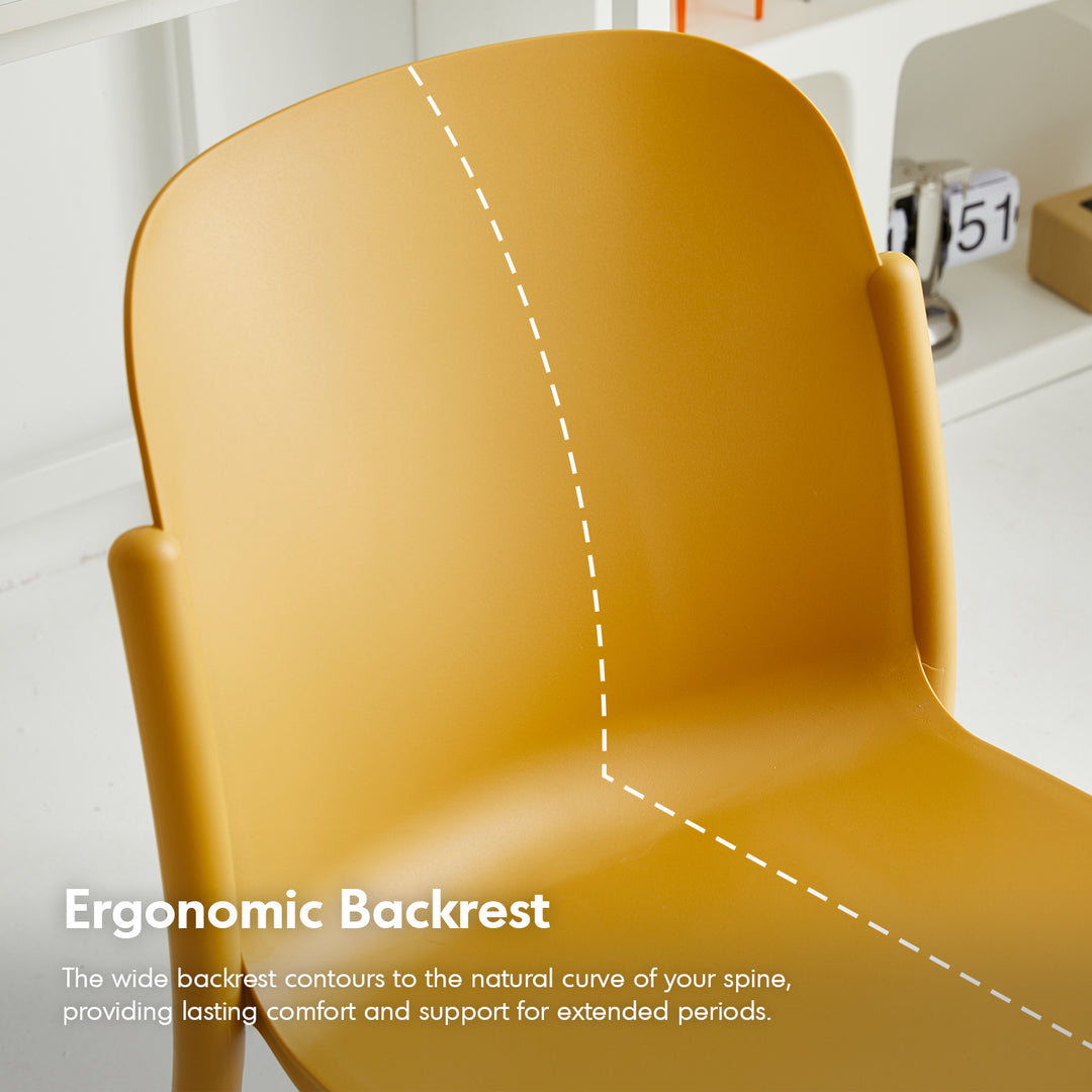 Contemporary plastic stackable dining chair glint in close up details.