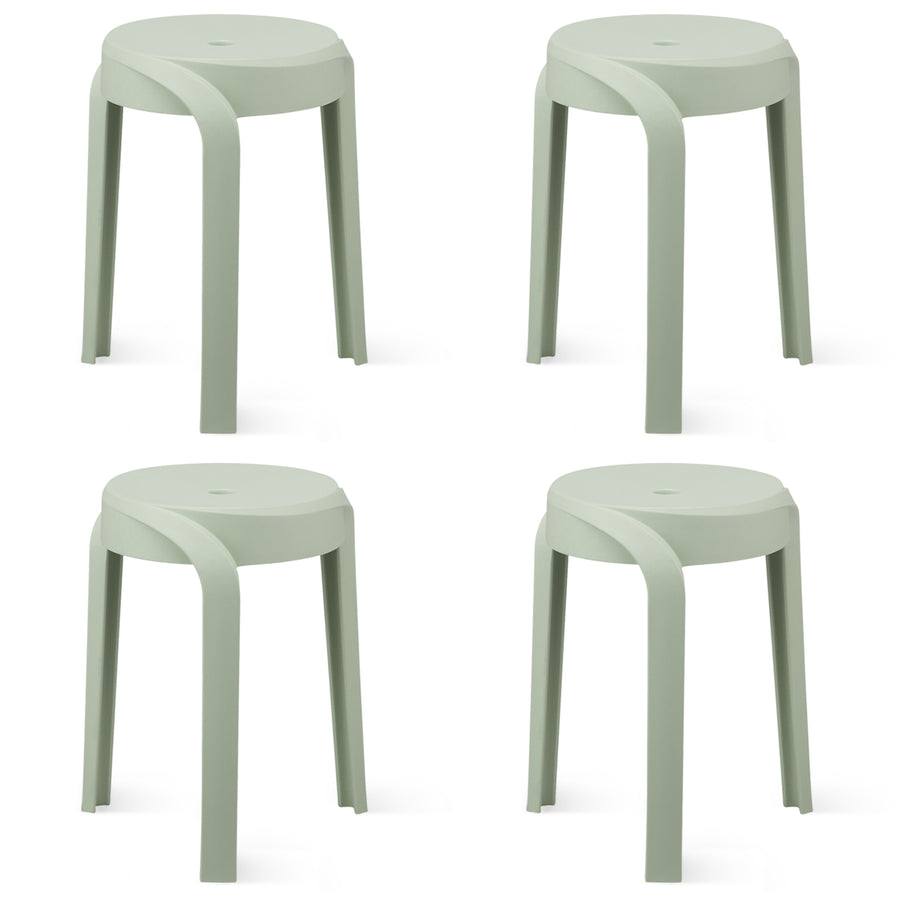 Modern plastic stackable dining stool 4pcs set whirl in white background.