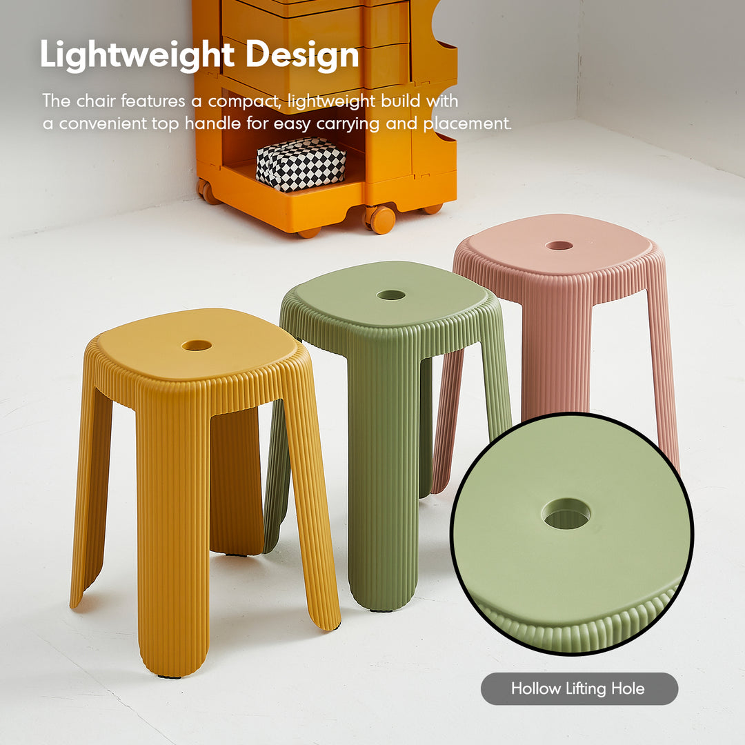 Contemporary plastic stackable dining stool pop in details.