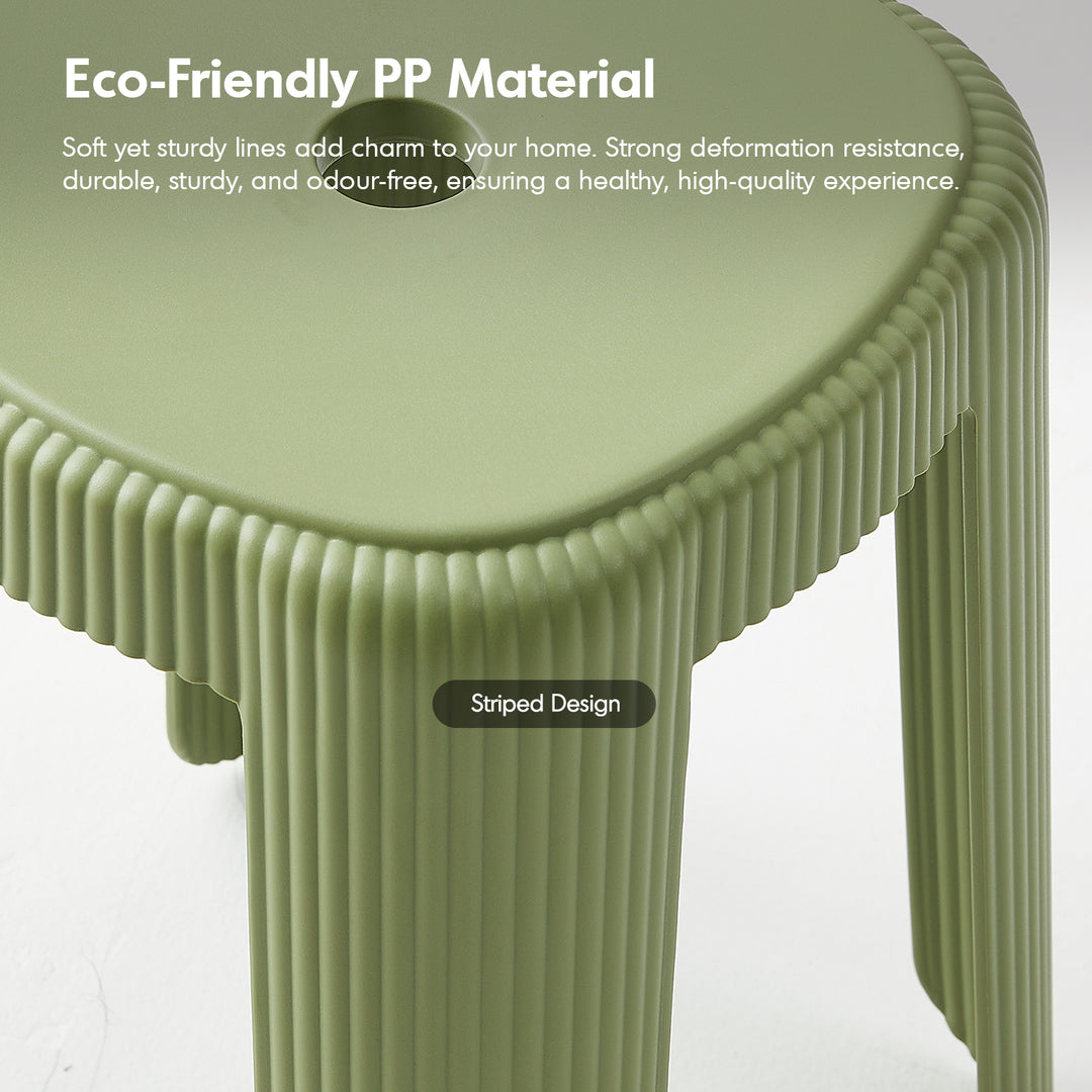 Contemporary plastic stackable dining stool pop in close up details.