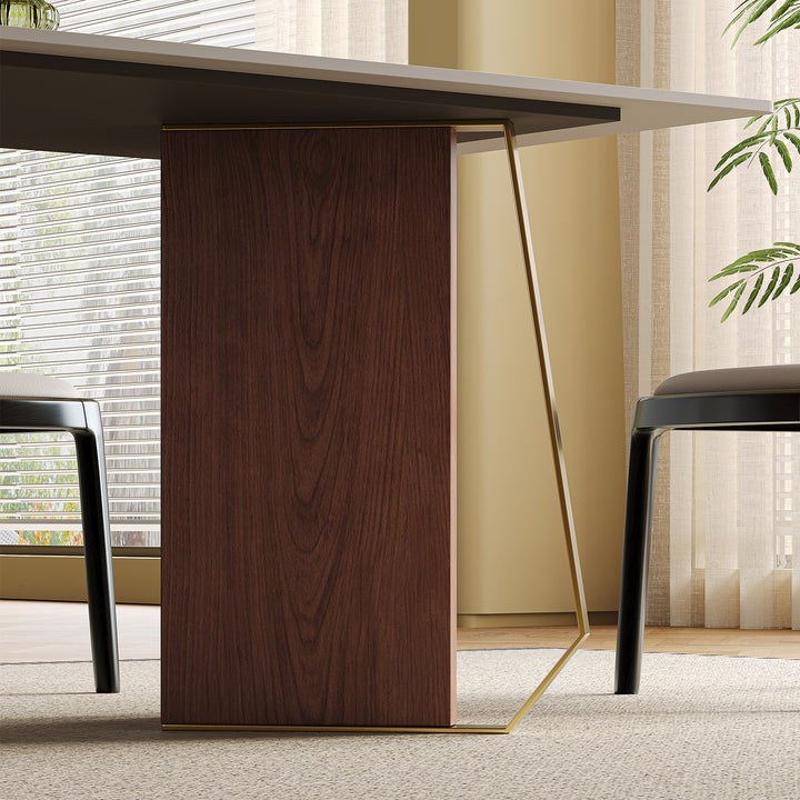 Modern sintered stone dining table axis in panoramic view.