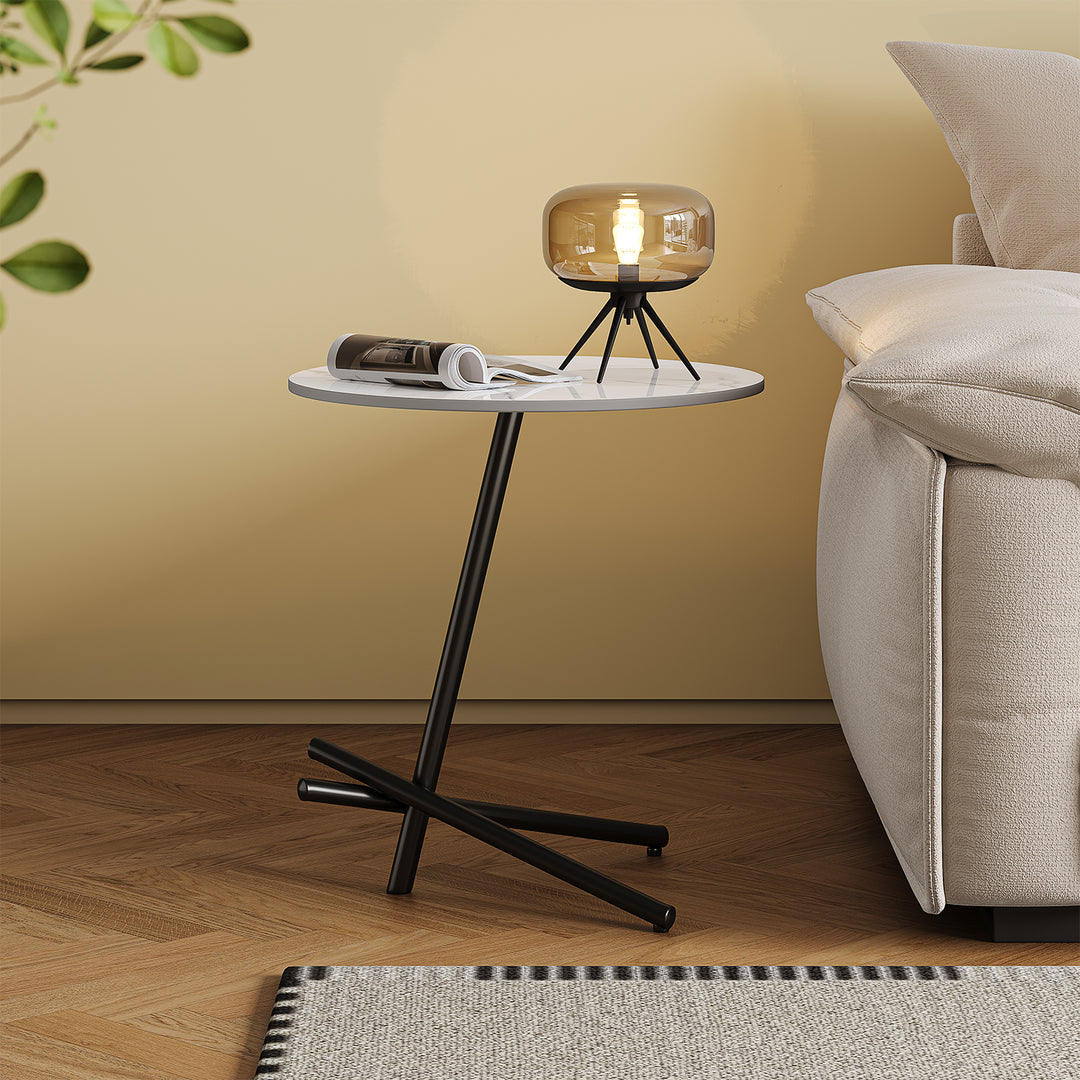 Modern sintered stone side table slat in panoramic view.