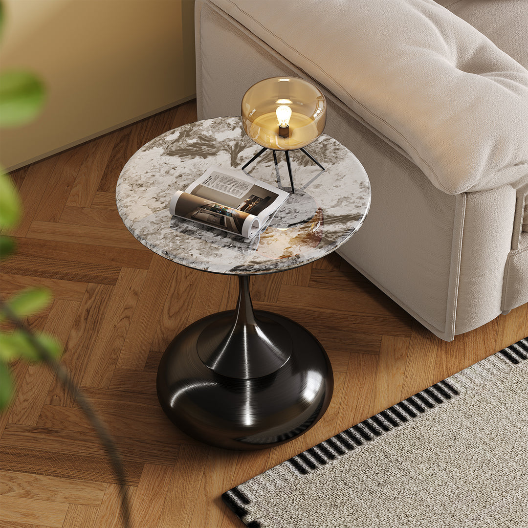 Modern sintered stone side table twist in panoramic view.