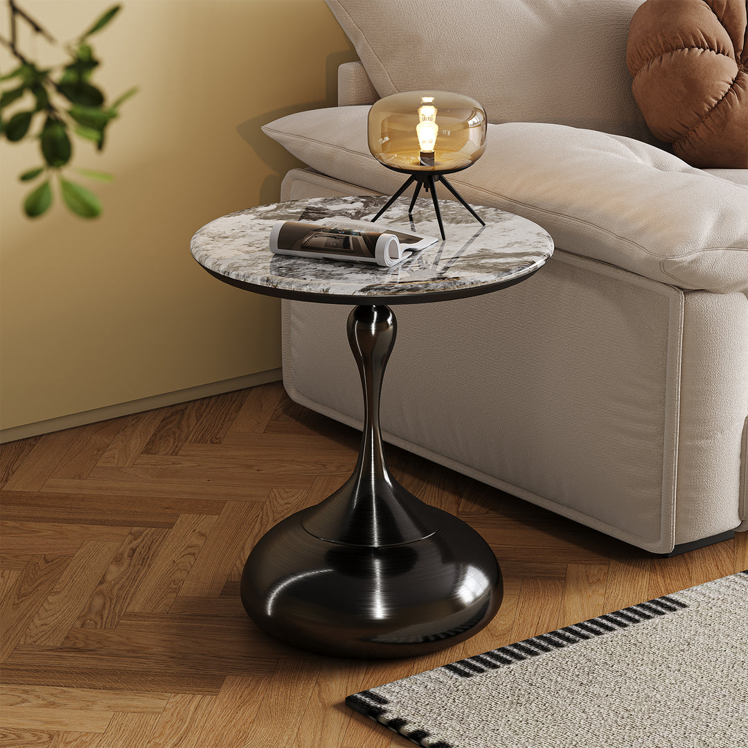 Modern sintered stone side table twist in close up details.