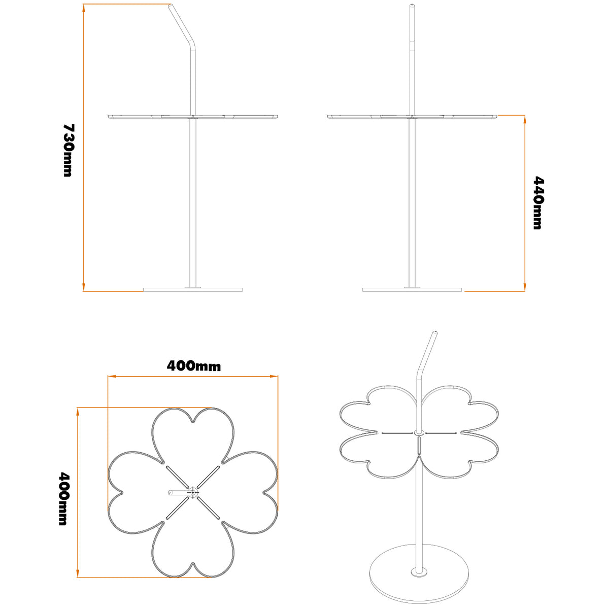 Modern steel side table flower size charts.