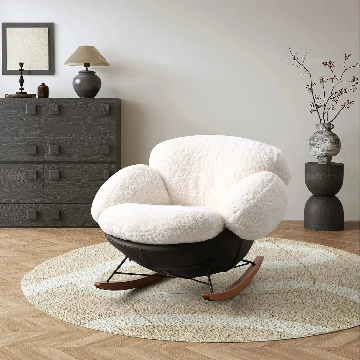 Cream teddy fabric rocking 1 seater sofa swank material variants.