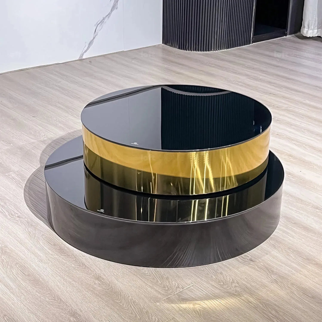 Modern tempered glass revolving coffee table solace with context.