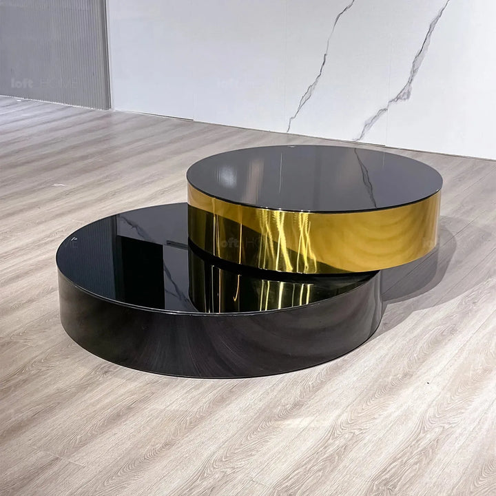 Modern tempered glass revolving coffee table solace in details.