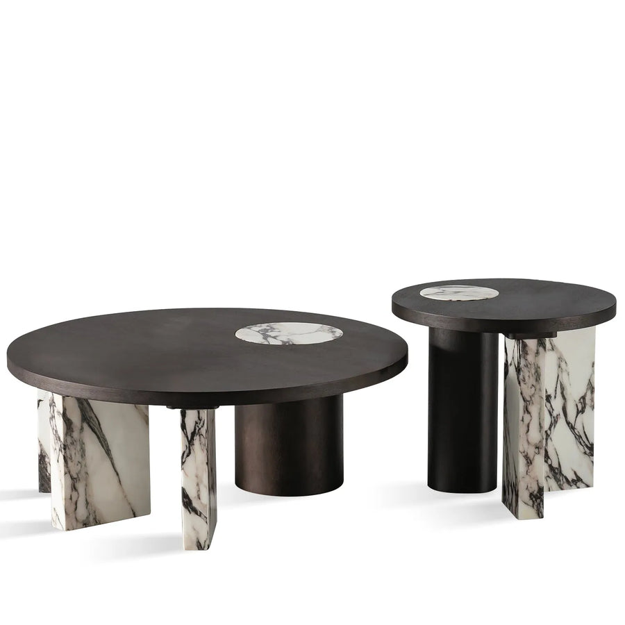 Modern marble wood coffee table 2pcs set ascend in white background.