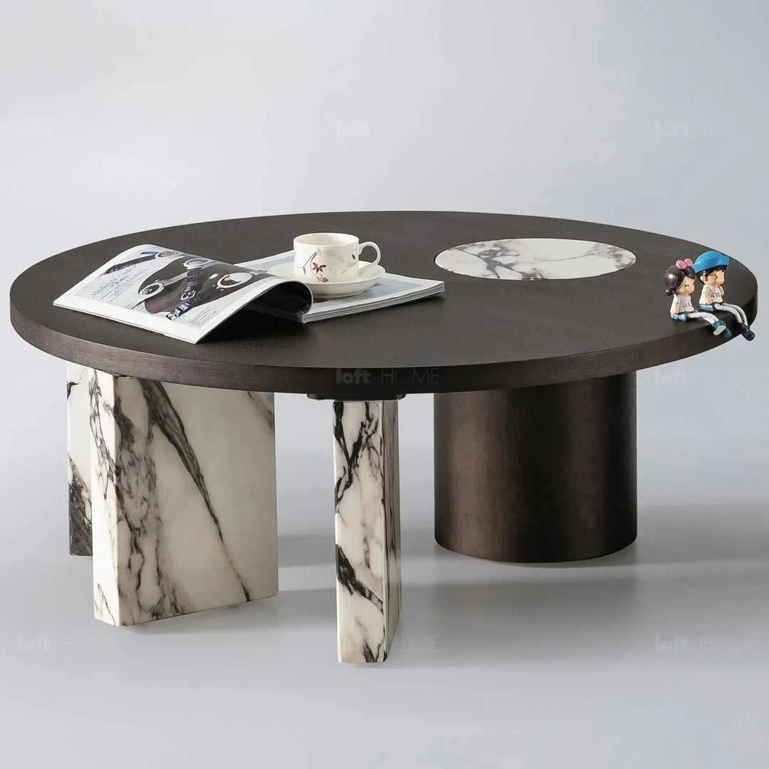 Modern marble wood coffee table 2pcs set ascend in panoramic view.