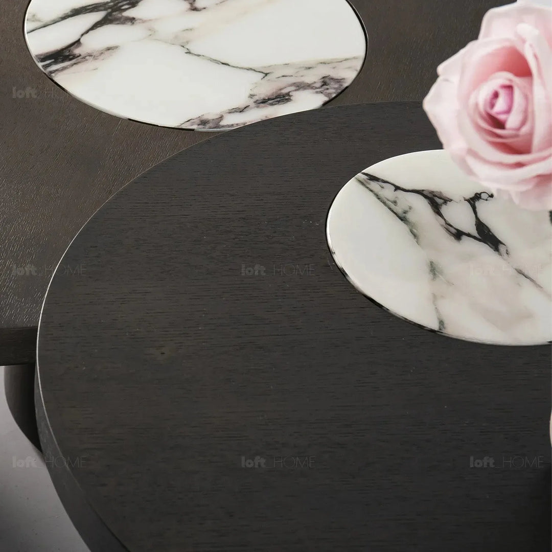 Modern marble wood coffee table 2pcs set ascend in details.