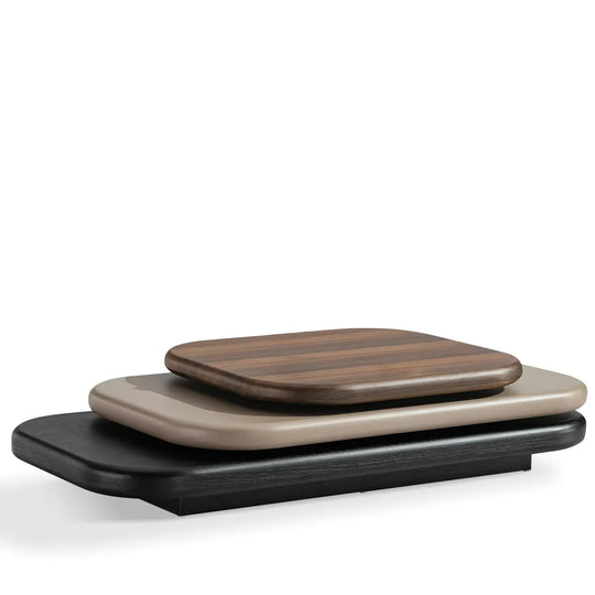 Modern wood revolving coffee table lumina in white background.