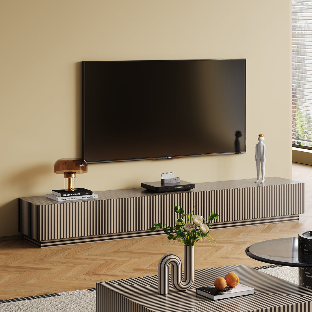 Modern wood tv console stripe in panoramic view.