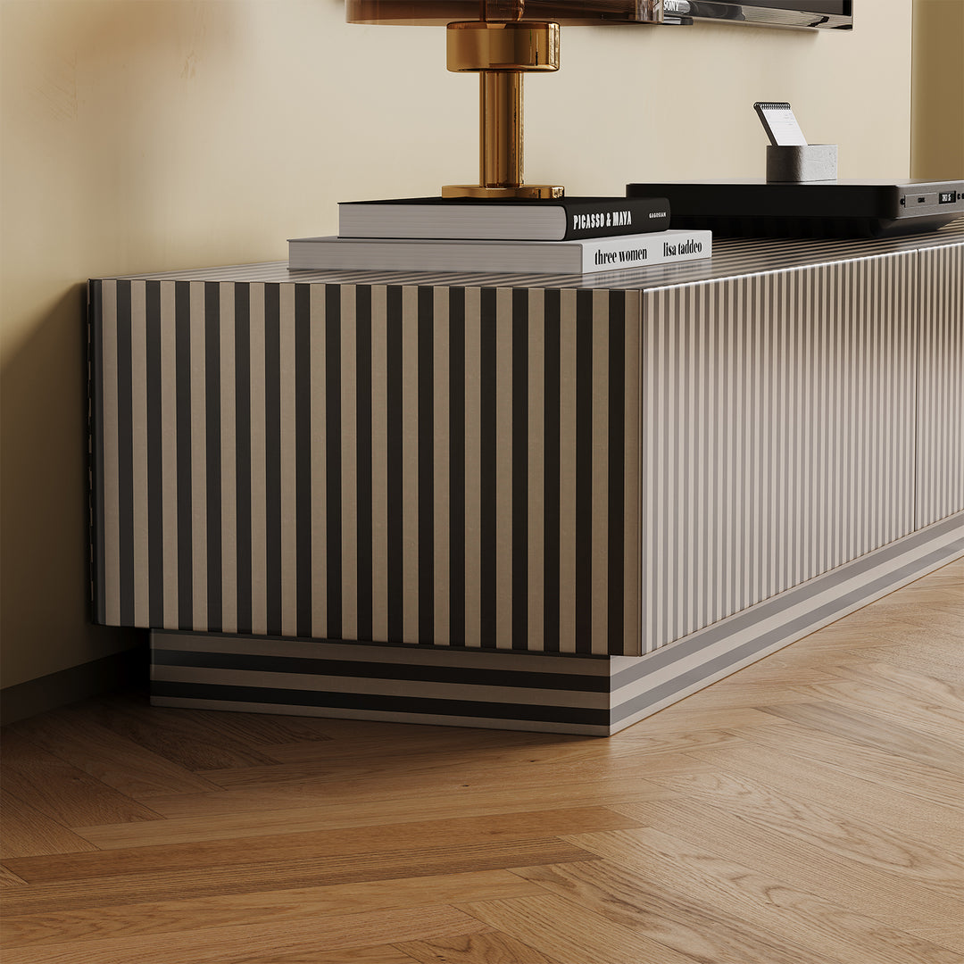 Modern wood tv console stripe in real life style.