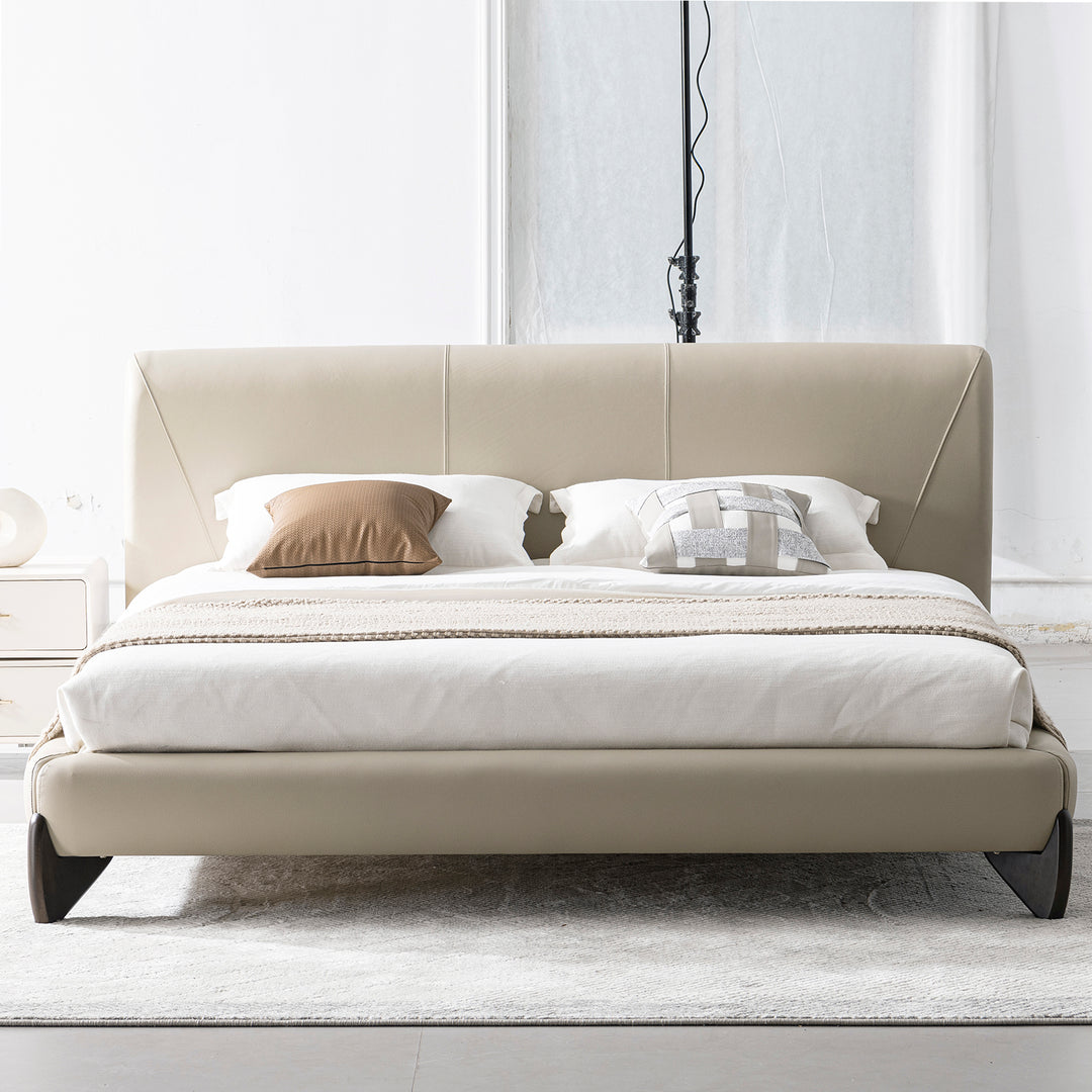 Modern genuine leather bed frame arcy in panoramic view.