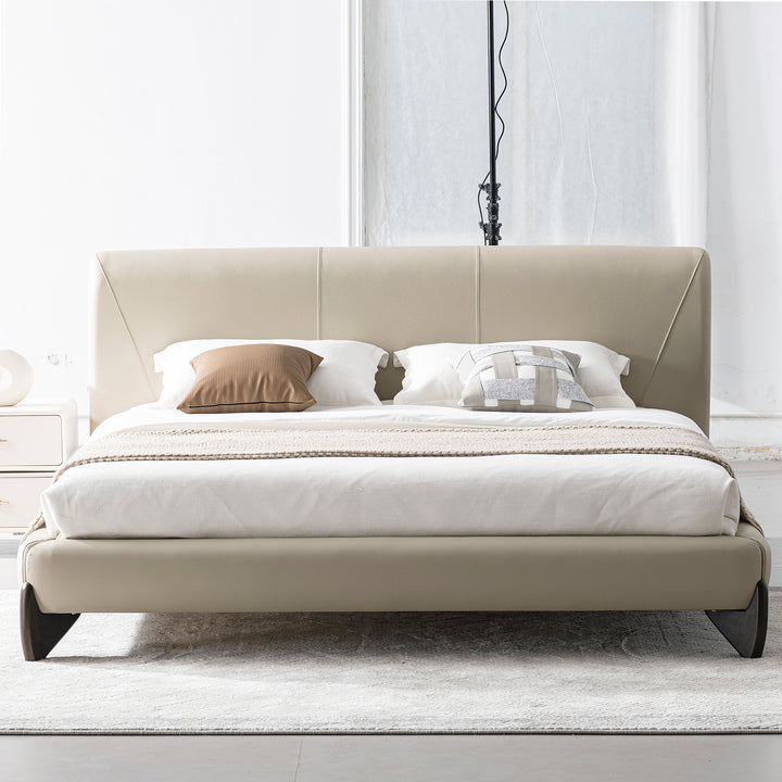 Modern genuine leather bed frame arcy in panoramic view.