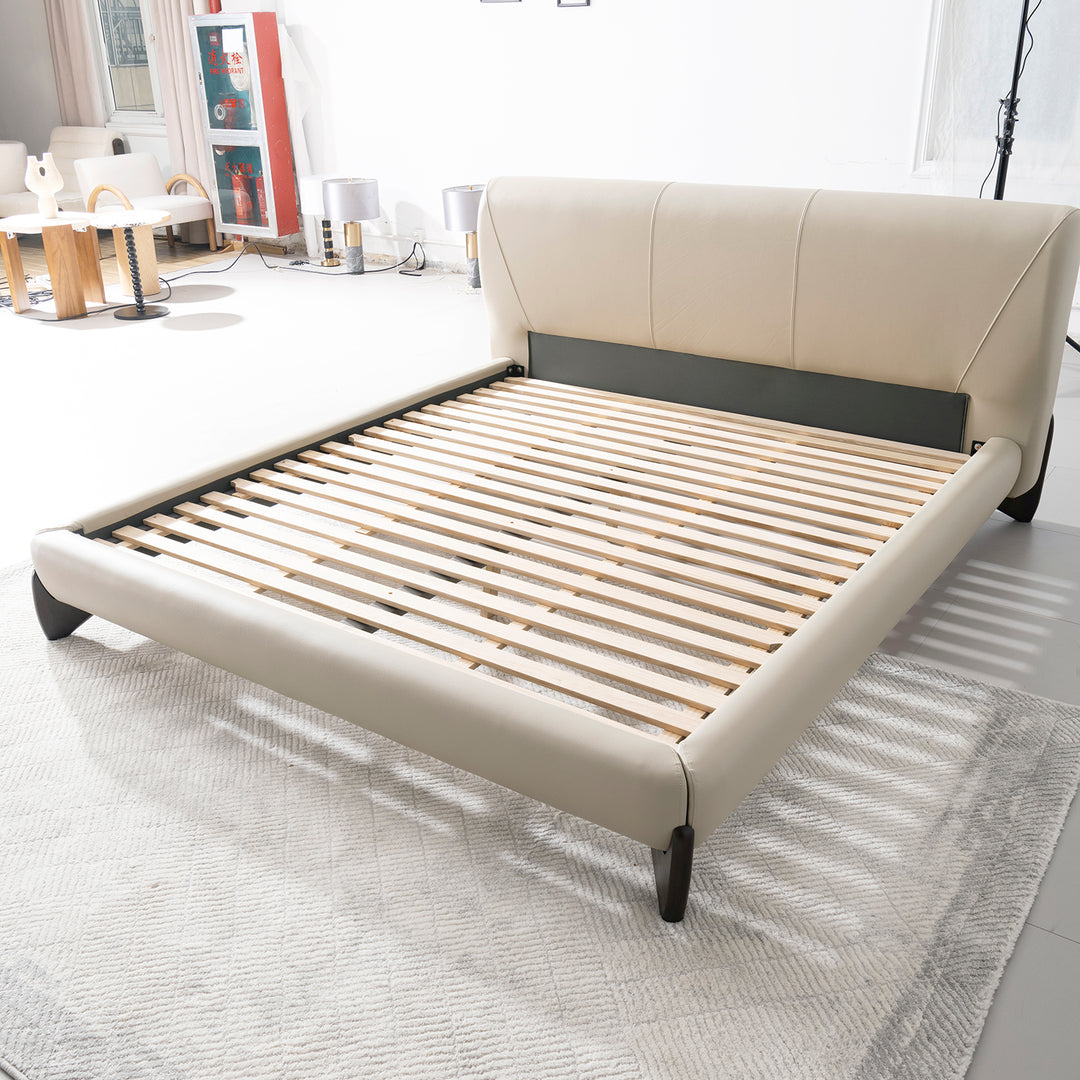 Modern genuine leather bed frame arcy in close up details.