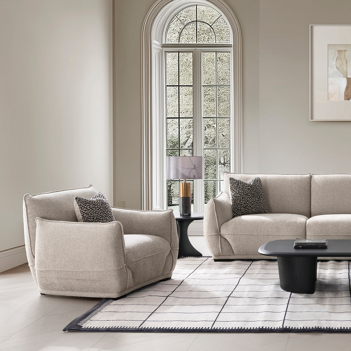 Modern mixed weave fabric 1 seater sofa cloudy primary product view.