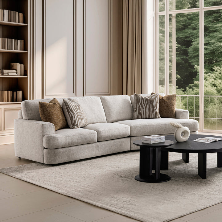 Modern mixed weave fabric corner 2 seater sofa lucent in panoramic view.