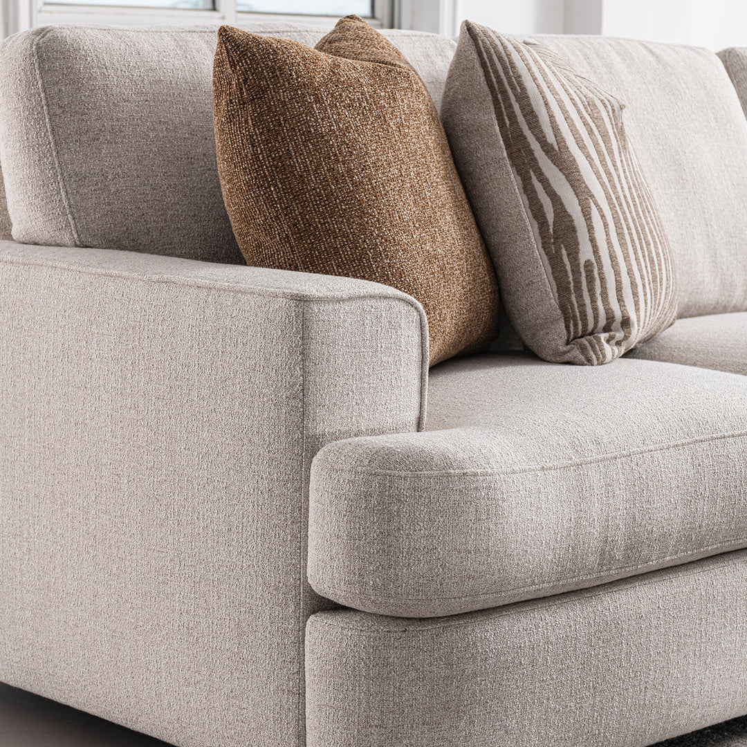Modern mixed weave fabric corner 2 seater sofa lucent in real life style.