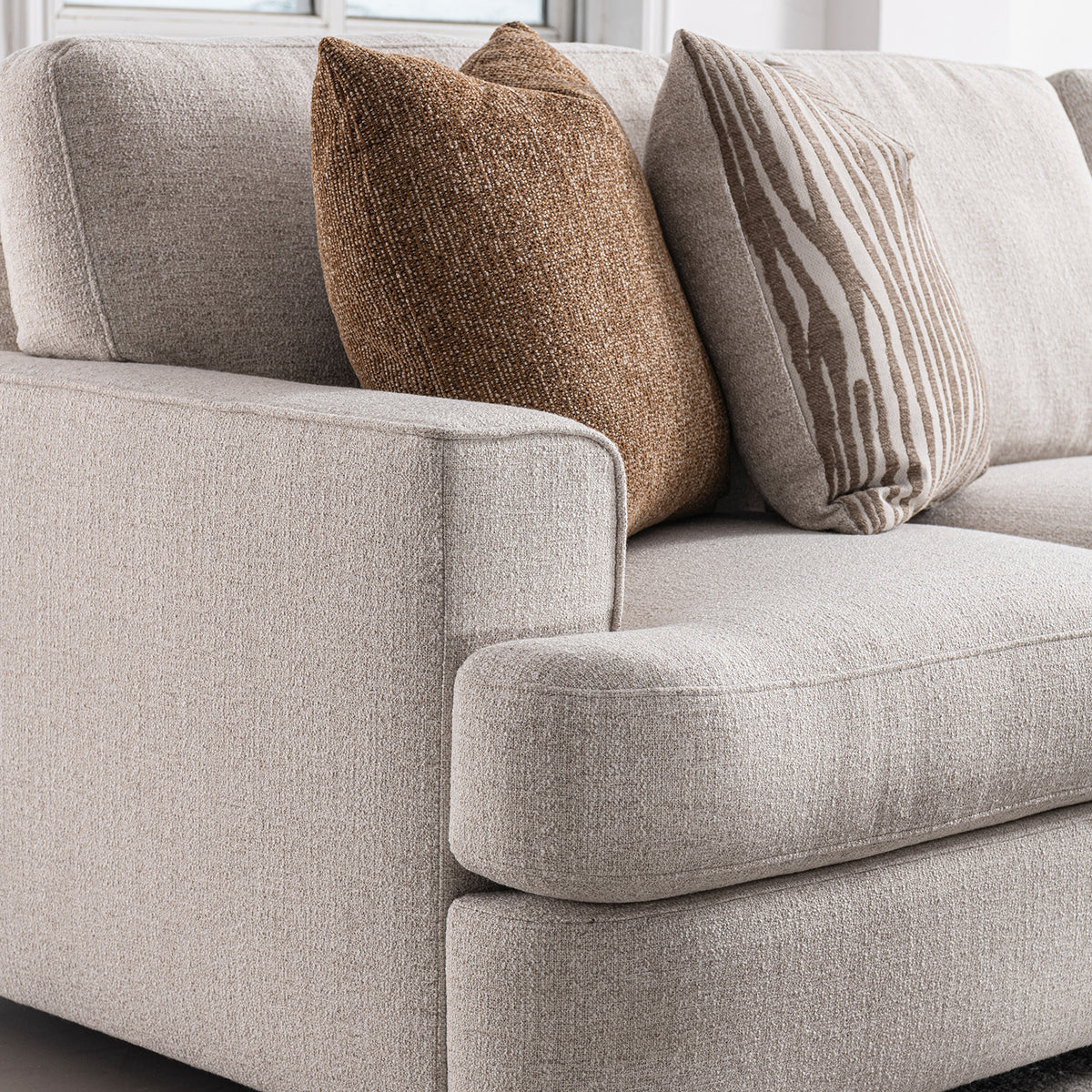 Modern mixed weave fabric corner 2 seater sofa lucent in real life style.