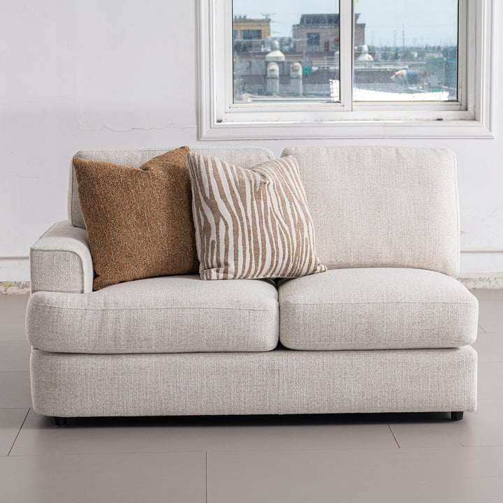 Modern mixed weave fabric corner 2 seater sofa lucent in close up details.