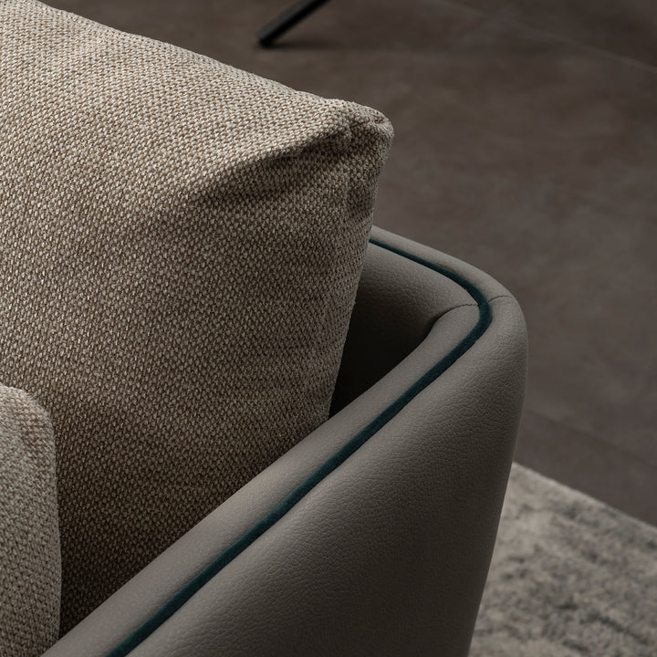 Modern mixed weave fabric microfiber leather 3 seater sofa vanta in close up details.