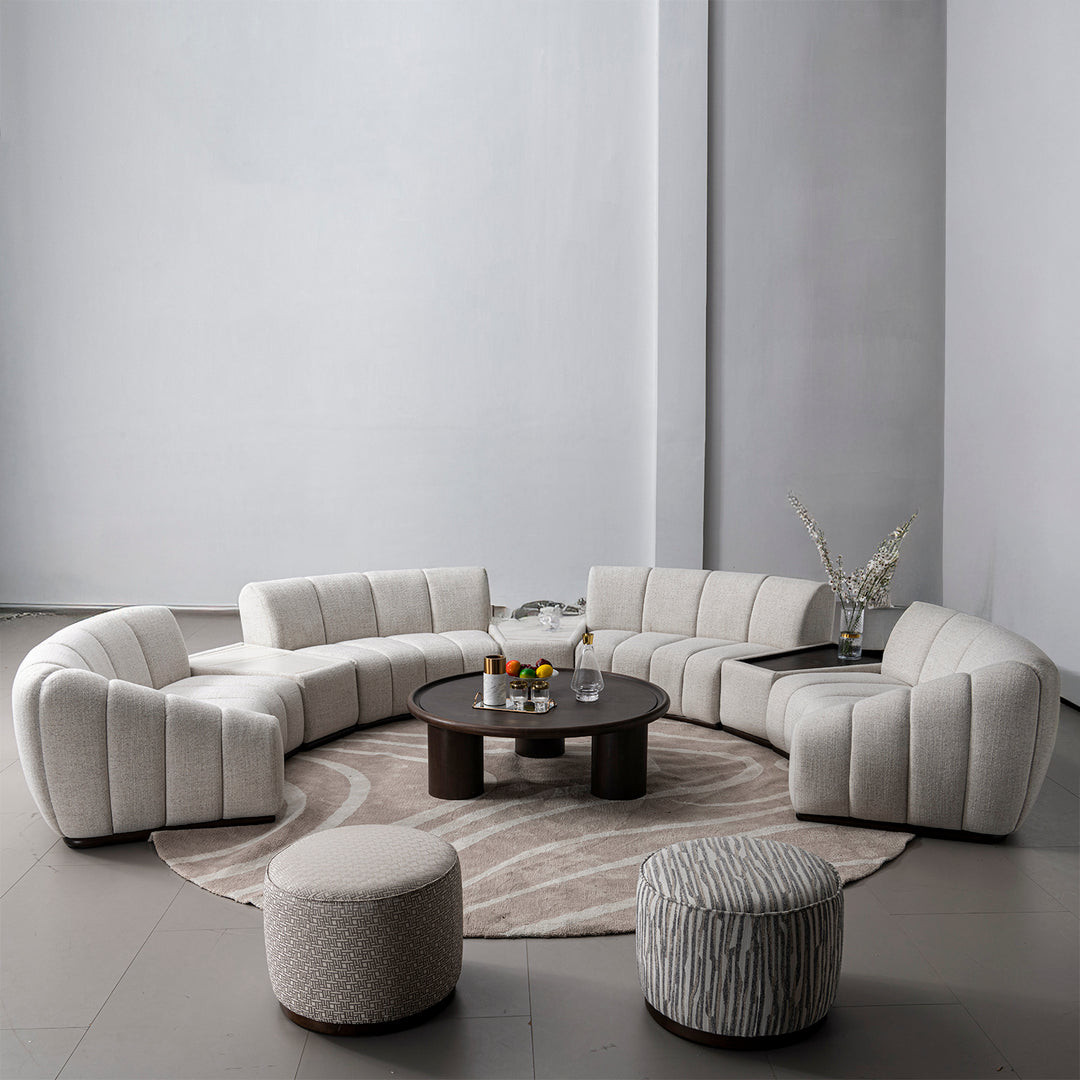 Modern mixed weave fabric modular corner 1 seater sofa bento with context.